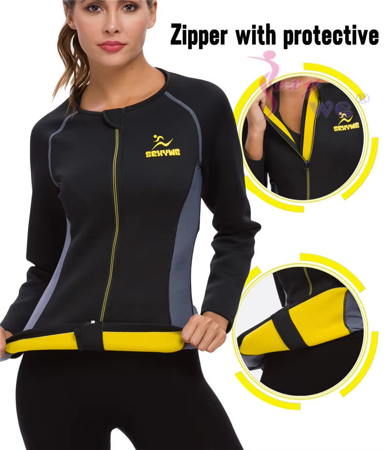 Slimming Body Shaper Fitness Women Neoprene Sauna Jacket Waist Trainer Shapewear Zipper Yoga Shirt Long Sleeve Blouse