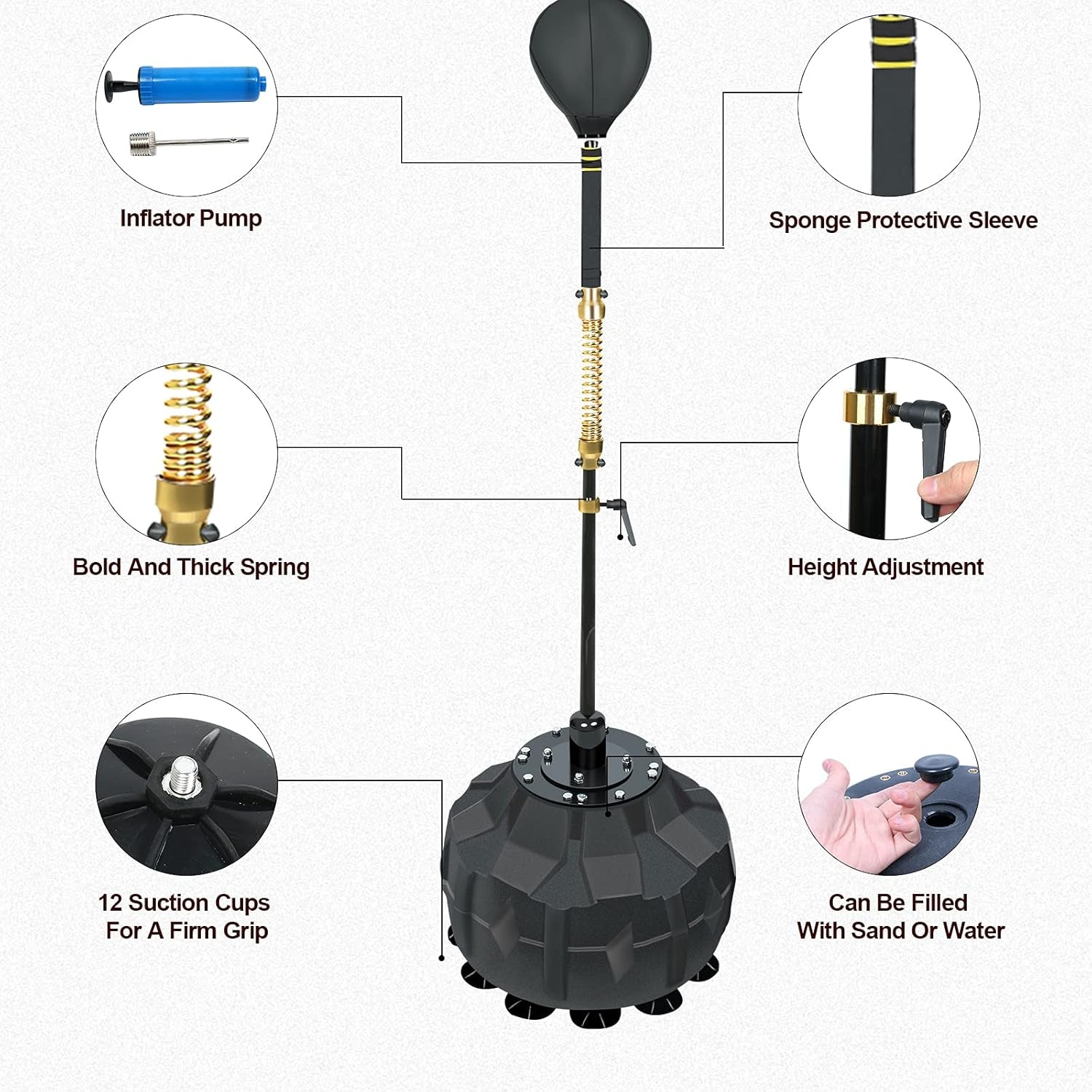 Heavy-Duty Adjustable Height Free Standing Speed Bag for Boxing Skills Training (57" - 74.8")