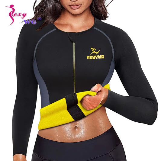 Slimming Body Shaper Fitness Women Neoprene Sauna Jacket Waist Trainer Shapewear Zipper Yoga Shirt Long Sleeve Blouse