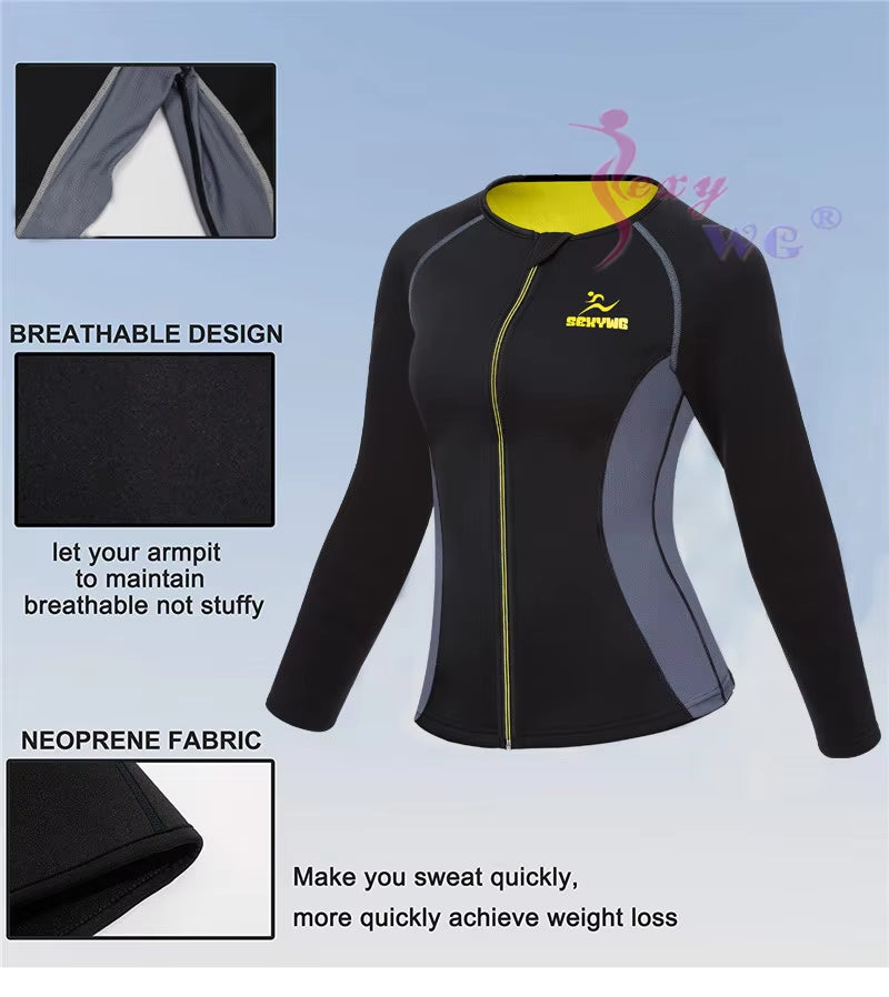 Slimming Body Shaper Fitness Women Neoprene Sauna Jacket Waist Trainer Shapewear Zipper Yoga Shirt Long Sleeve Blouse