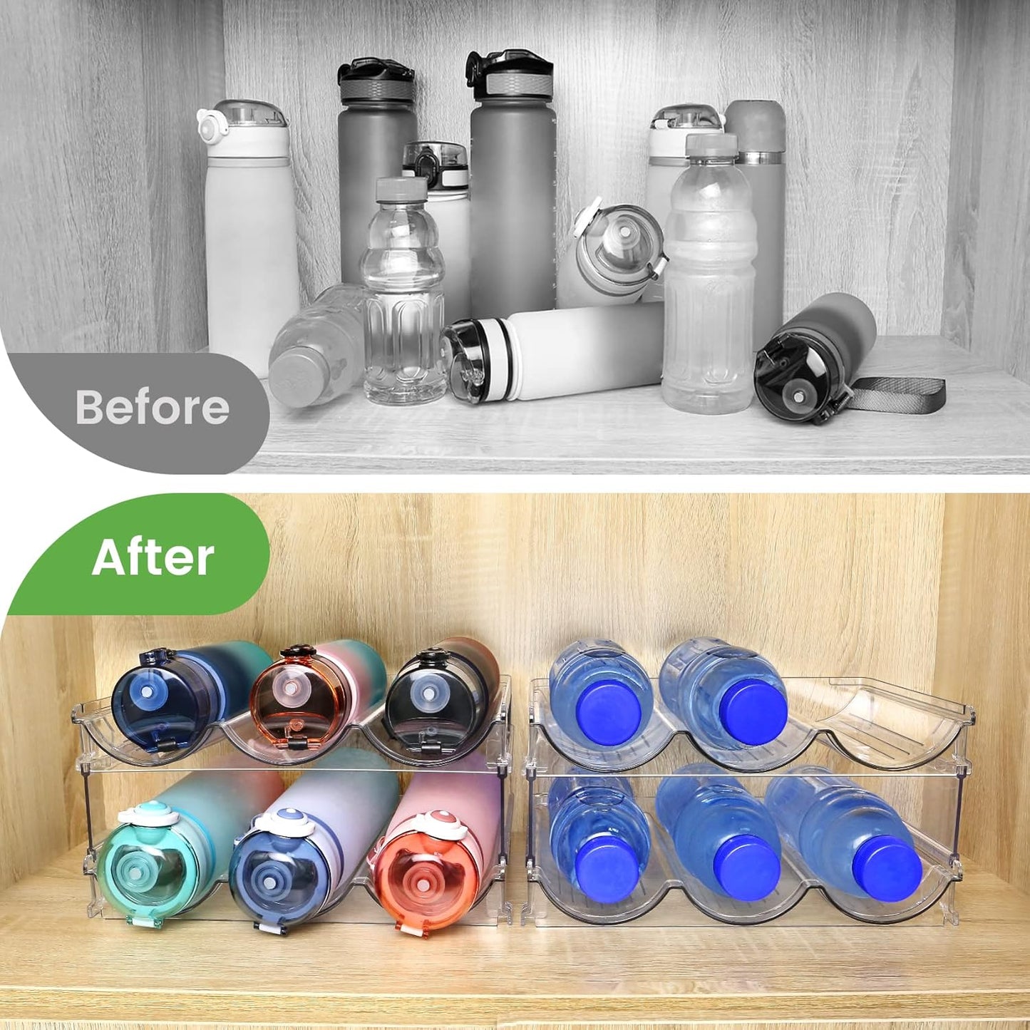 Water Bottle Storage Organizer - 2-Pack Stackable Rack for Cabinet