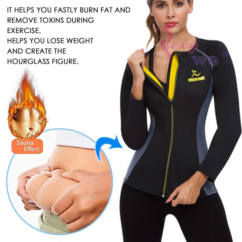 Slimming Body Shaper Fitness Women Neoprene Sauna Jacket Waist Trainer Shapewear Zipper Yoga Shirt Long Sleeve Blouse